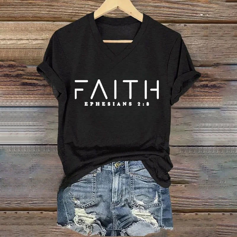 Christianartworkshop Women's Faith Printed Casual V-Neck T-shirt - Black - 4XL - image 2