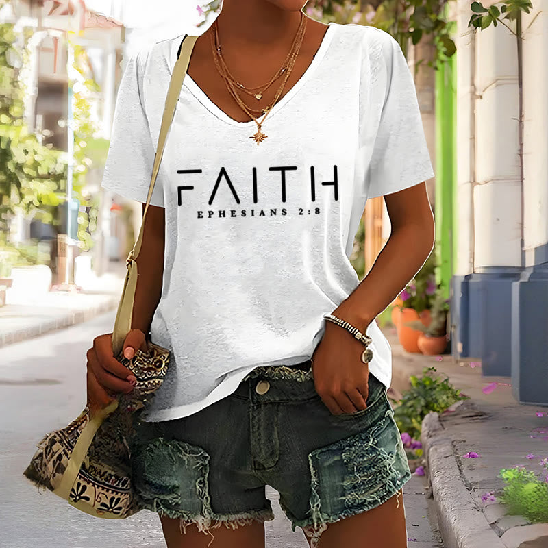 Christianartworkshop Women'S Faith Printed Casual V-Neck T-shirt - image 2