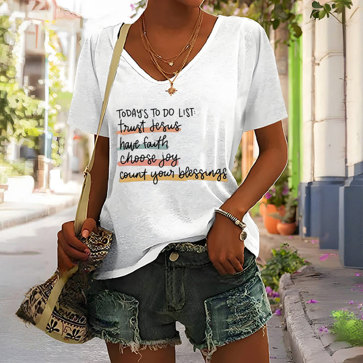 Christianartworkshop Today 's To-Do List Trust Jesus Have Faith Choose Joy Casual V-Neck T-shirt - image 6