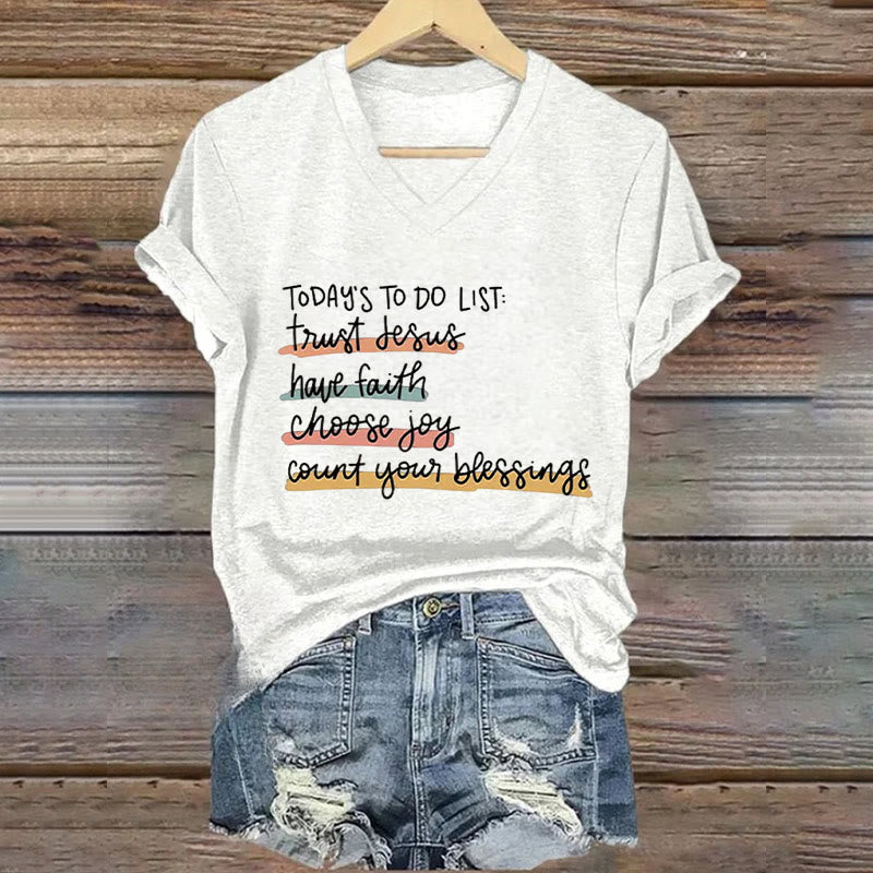 Christianartworkshop Today 's To-Do List Trust Jesus Have Faith Choose Joy Casual V-Neck T-shirt - White - 4XL - image 5