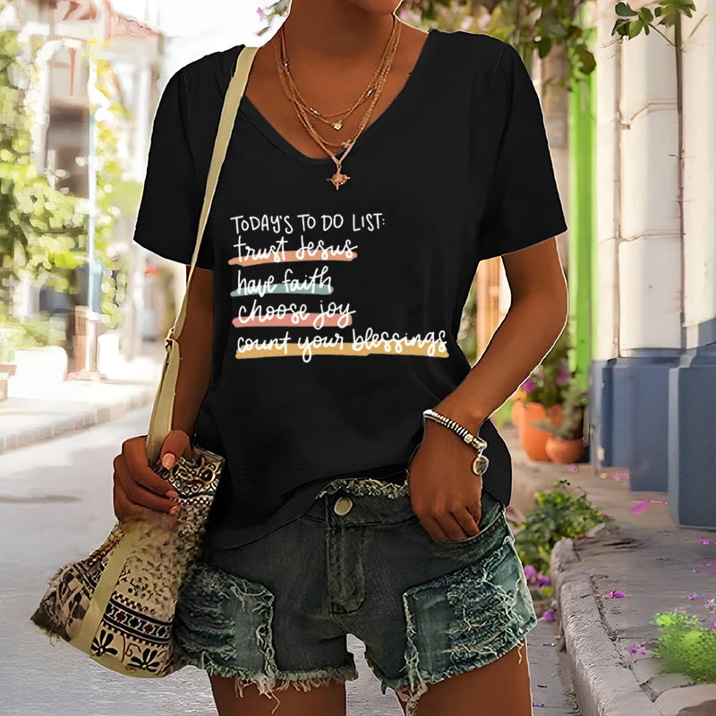 Christianartworkshop Today 's To-Do List Trust Jesus Have Faith Choose Joy Casual V-Neck T-shirt - image 4