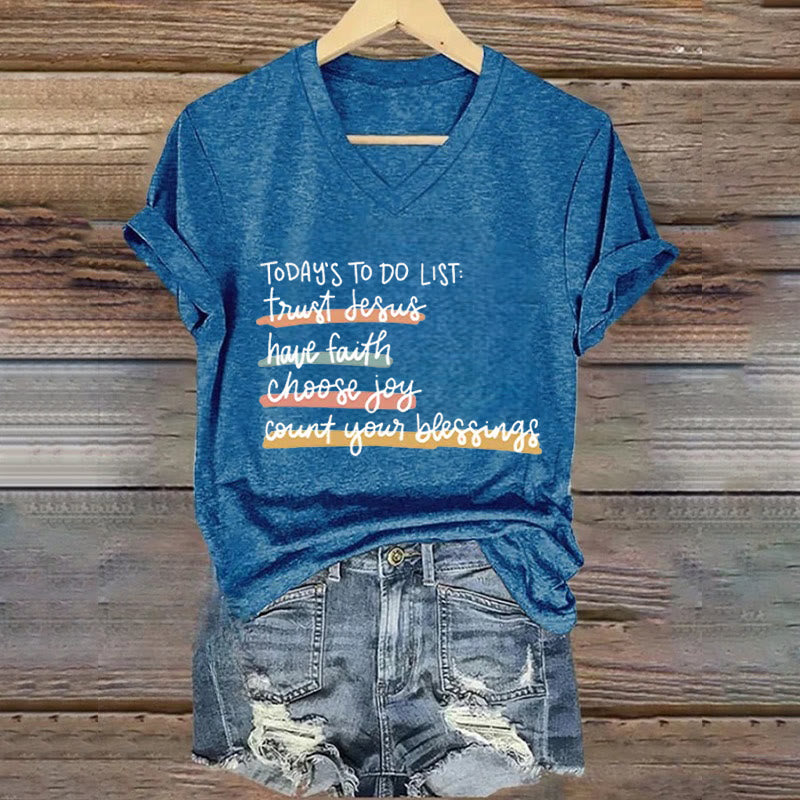 Christianartworkshop Today 's To-Do List Trust Jesus Have Faith Choose Joy Casual V-Neck T-shirt - Blue - 4XL - image 7