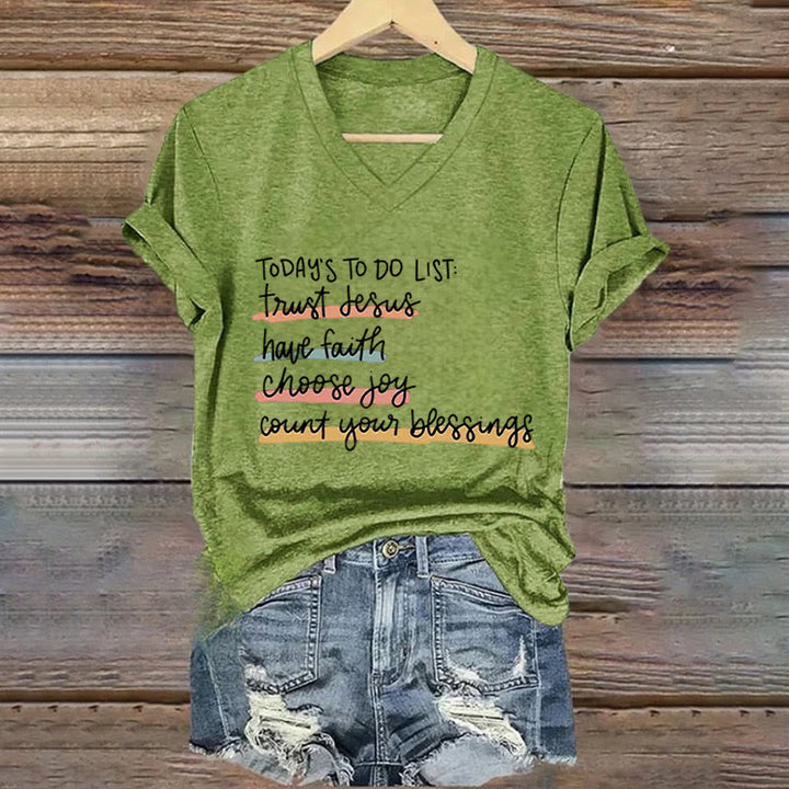 Christianartworkshop Today 's To-Do List Trust Jesus Have Faith Choose Joy Casual V-Neck T-shirt - Green - 4XL - image 1