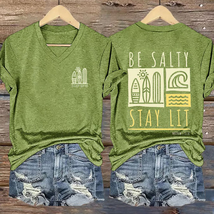 Christianartworkshop Women's Be Salty Stay Lit Printed Casual V-neck T-shirt - Green - 4XL - image 5