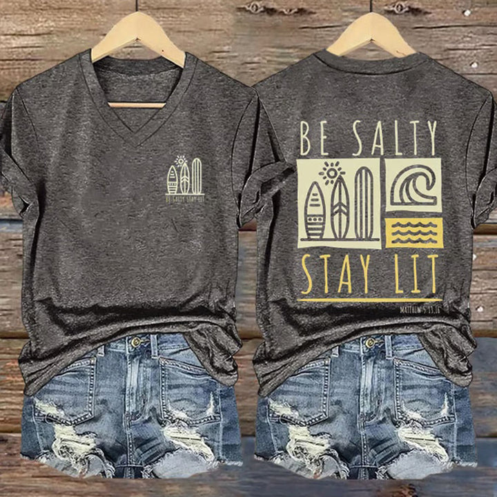 Christianartworkshop Women's Be Salty Stay Lit Printed Casual V-neck T-shirt - Grey - 4XL - image 1