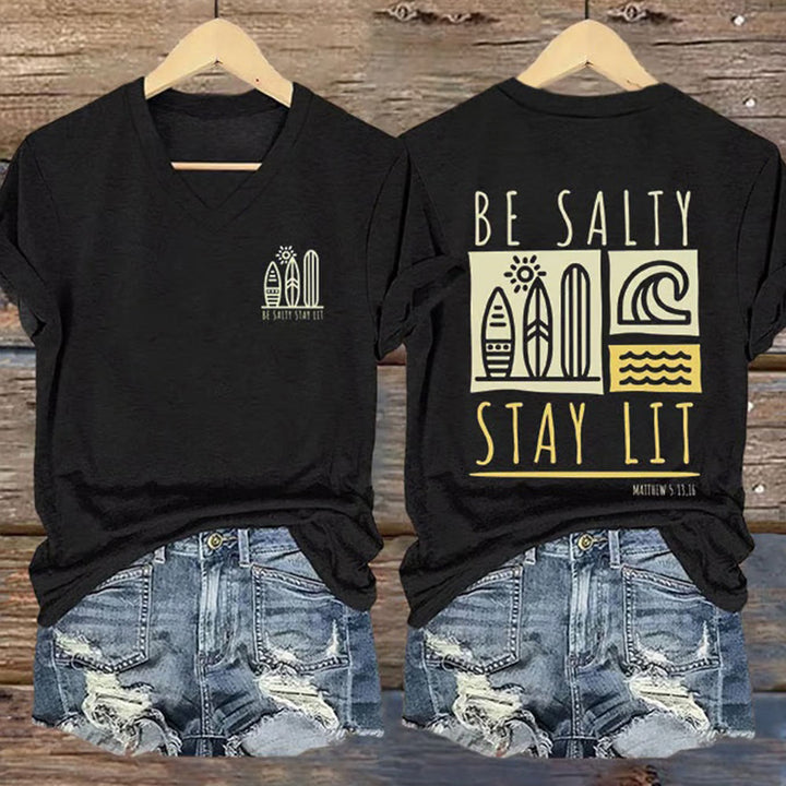 Christianartworkshop Women's Be Salty Stay Lit Printed Casual V-neck T-shirt - Black - 4XL - image 0
