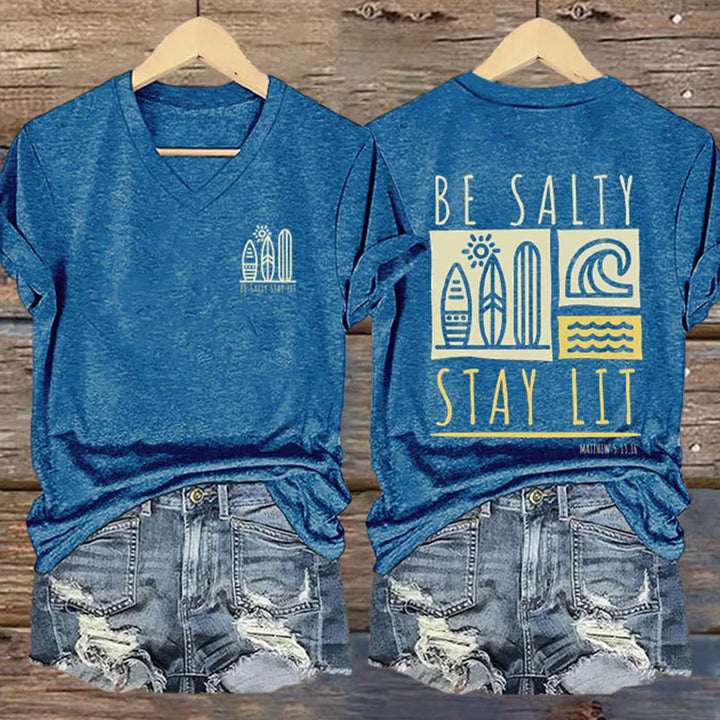 Christianartworkshop Women's Be Salty Stay Lit Printed Casual V-neck T-shirt - Blue - 4XL - image 4