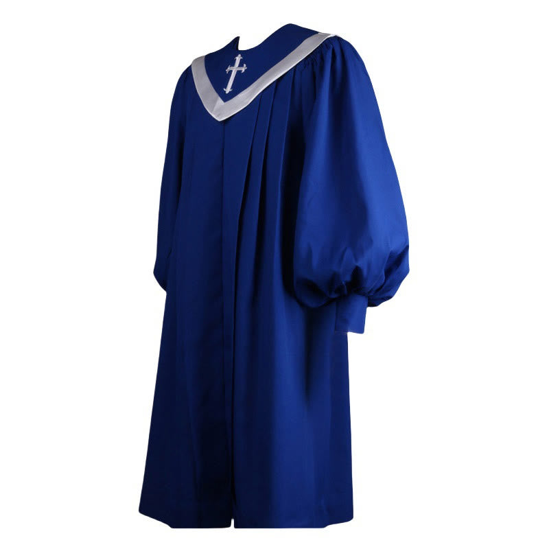 Christianartworkshop Elegant Ceremonial Blue Clergy Robe with White V-Neck Trim & Cross - 3XL - image 1