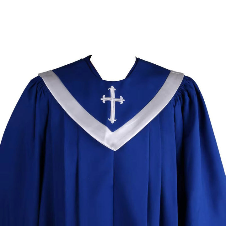 Christianartworkshop Elegant Ceremonial Blue Clergy Robe with White V-Neck Trim & Cross - image 3