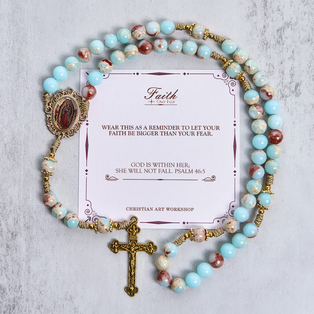 Christianartworkshop PRAYERFUL FAITH: Handmade Aqua Stone Prayer Rosary with Gift Card
