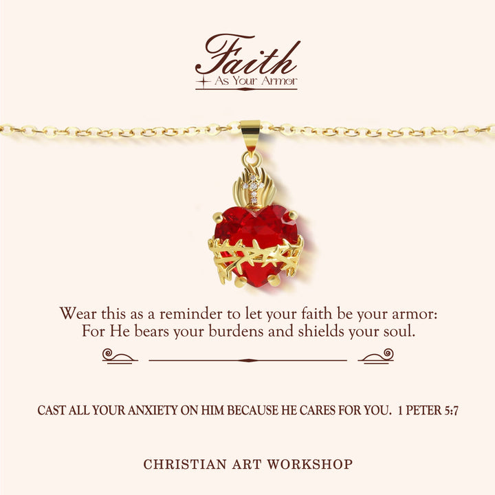 Christianartworkshop FAITH AS YOUR ARMOR: Red Gemstones Sacred Heart of Jesus Pendant Necklace