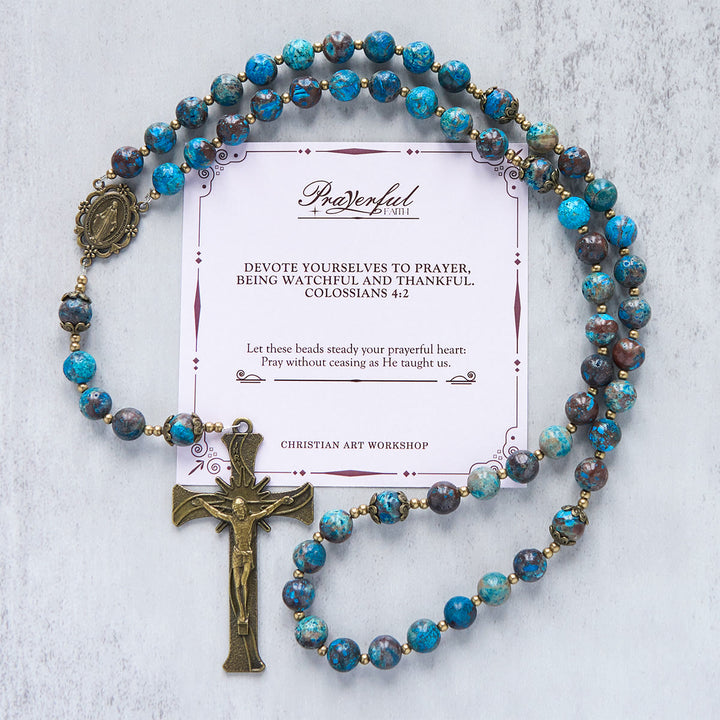 Christianartworkshop PRAYERFUL FAITH: Blue Pattern Beads Handmade Rosary of Authentic Larimar Stone