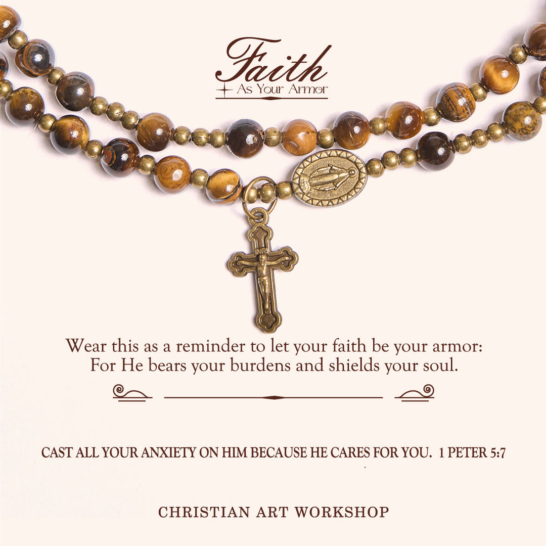 Christianartworkshop PRAYERFUL FAITH: Handmade Tiger's Eye Stone Elastic Rosary Bracelet - PRAYERFUL FAITH - image 0
