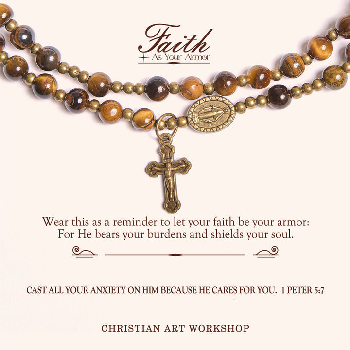 Christianartworkshop PRAYERFUL FAITH: Handmade Tiger's Eye Stone Elastic Rosary Bracelet - PRAYERFUL FAITH - image 0