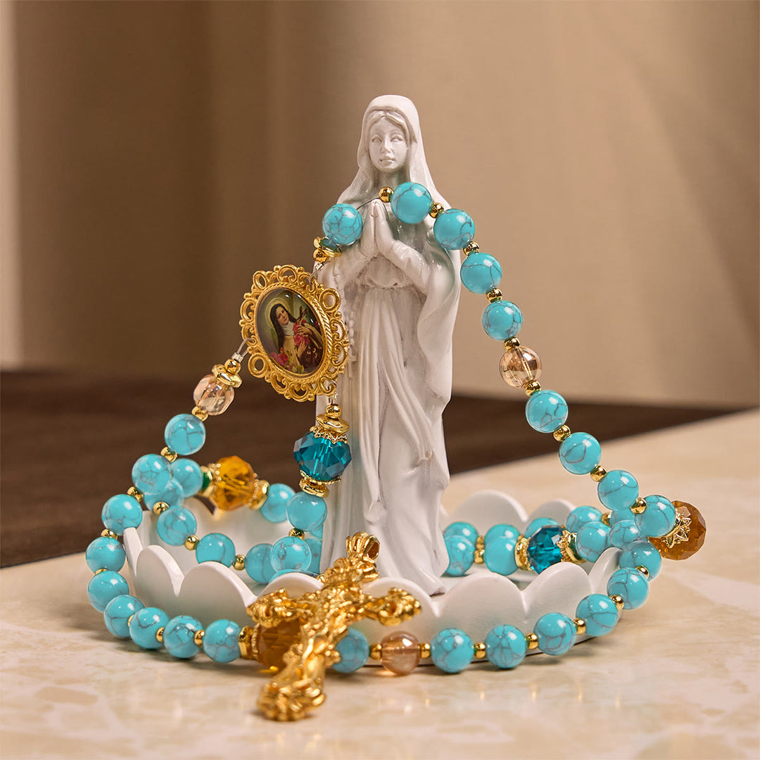 Christianartworkshop PRAYERFUL FAITH: Handcrafted Turquoise & Gold Alloy Rosary with Gift Card