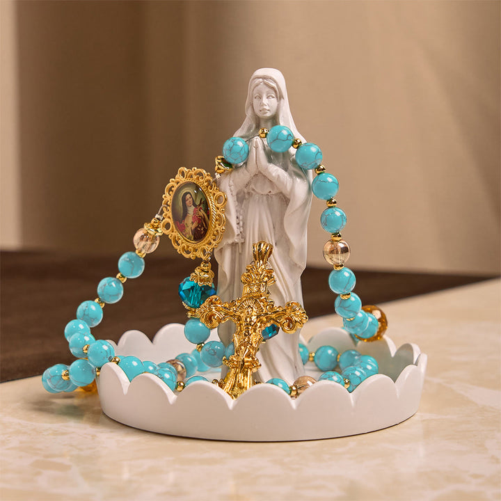 Christianartworkshop PRAYERFUL FAITH: Handcrafted Turquoise & Gold Alloy Rosary with Gift Card