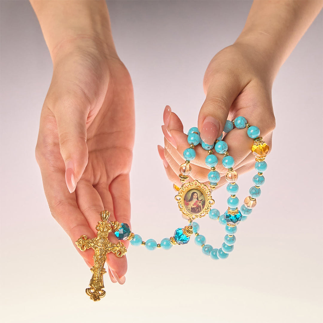 Christianartworkshop PRAYERFUL FAITH: Handcrafted Turquoise & Gold Alloy Rosary with Gift Card