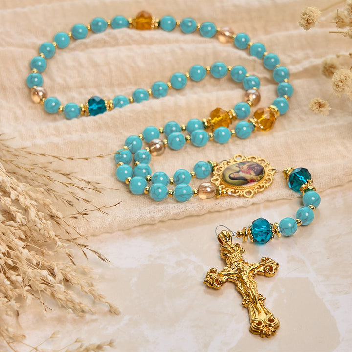 Christianartworkshop PRAYERFUL FAITH: Handcrafted Turquoise & Gold Alloy Rosary with Gift Card