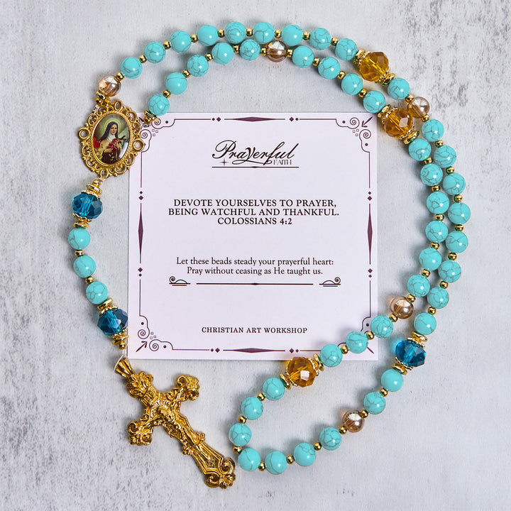 Christianartworkshop PRAYERFUL FAITH: Handcrafted Turquoise & Gold Alloy Rosary with Gift Card
