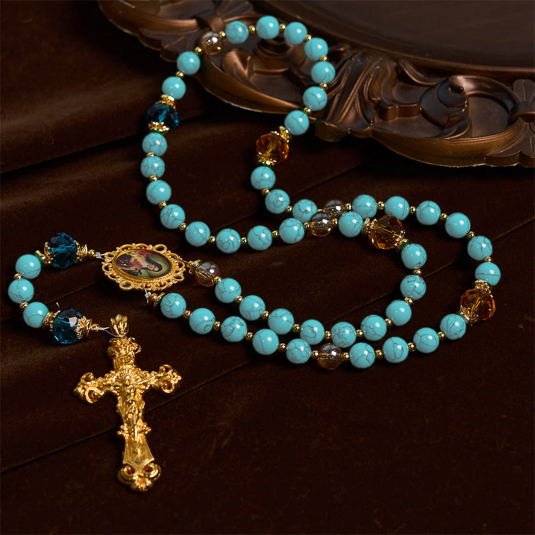 Christianartworkshop PRAYERFUL FAITH: Handcrafted Turquoise & Gold Alloy Rosary with Gift Card