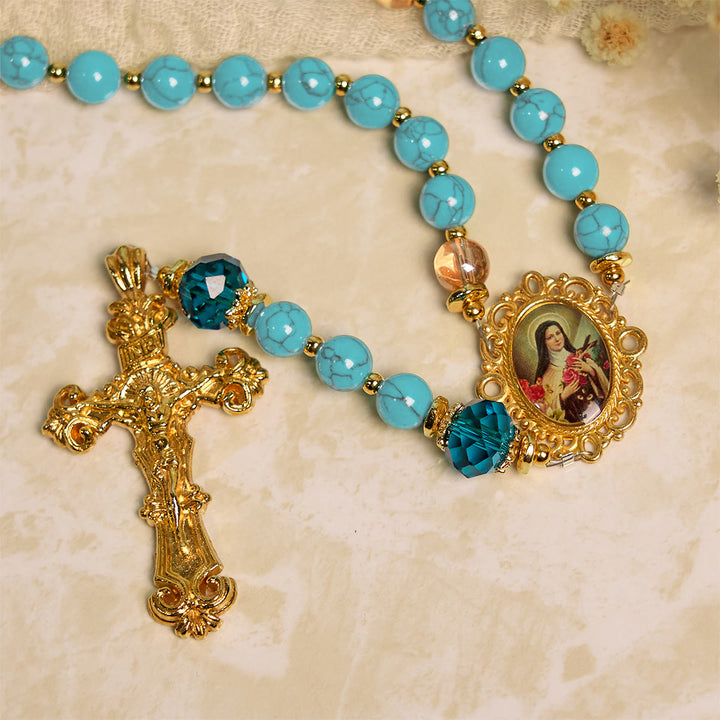 Christianartworkshop PRAYERFUL FAITH: Handcrafted Turquoise & Gold Alloy Rosary with Gift Card