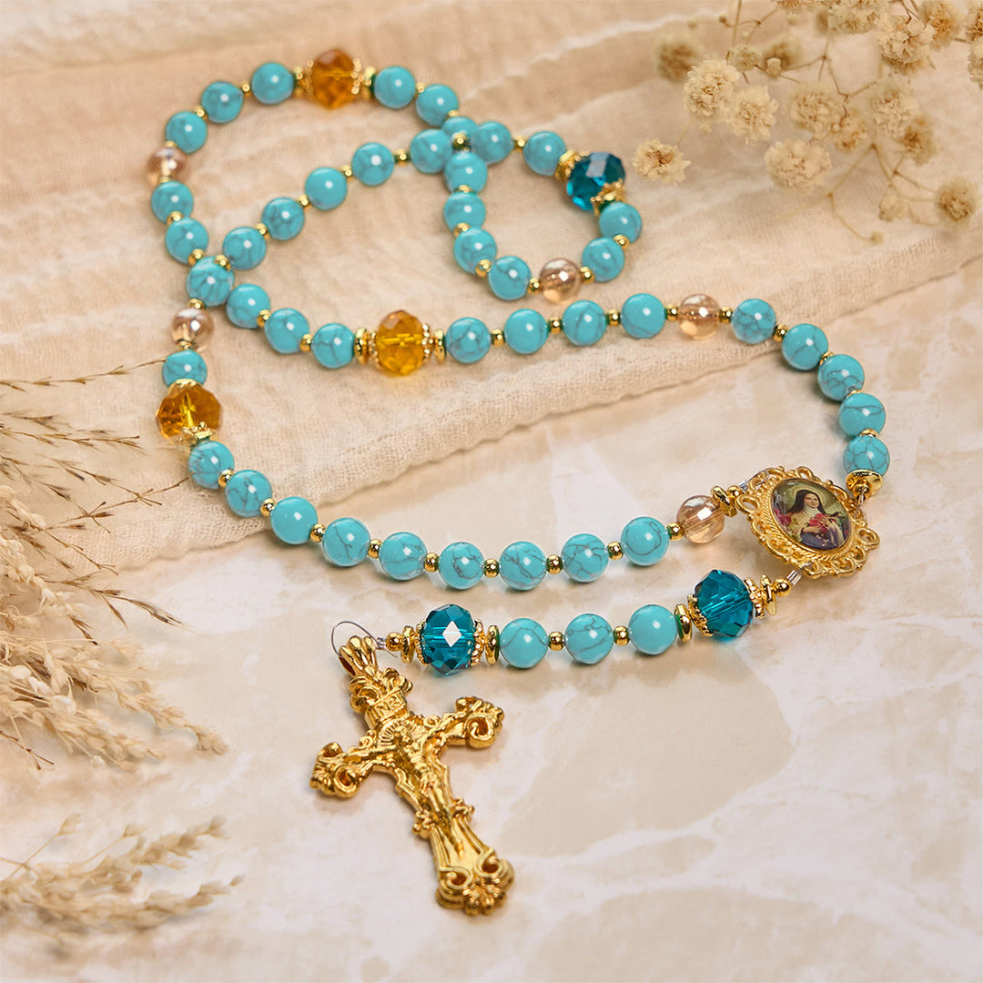 Christianartworkshop PRAYERFUL FAITH: Handcrafted Turquoise & Gold Alloy Rosary with Gift Card