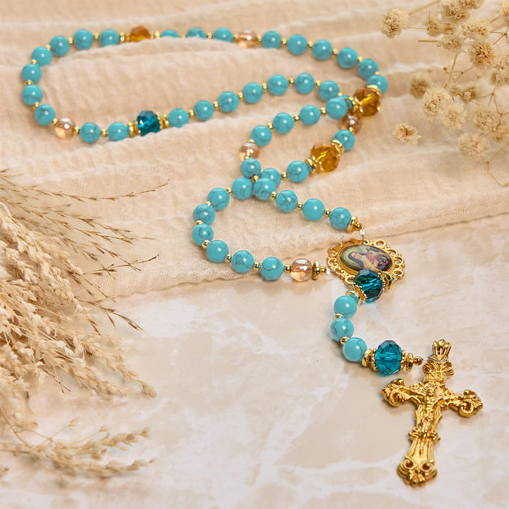 Christianartworkshop PRAYERFUL FAITH: Handcrafted Turquoise & Gold Alloy Rosary with Gift Card