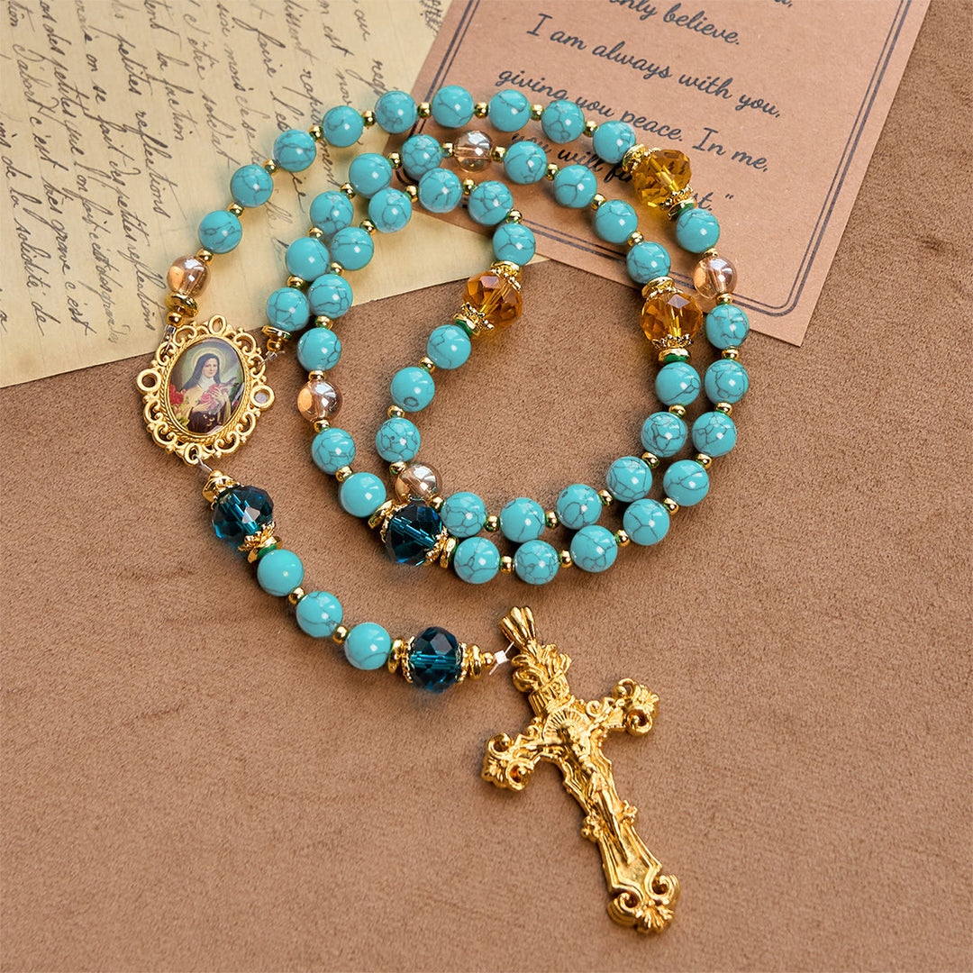 Christianartworkshop PRAYERFUL FAITH: Handcrafted Turquoise & Gold Alloy Rosary with Gift Card