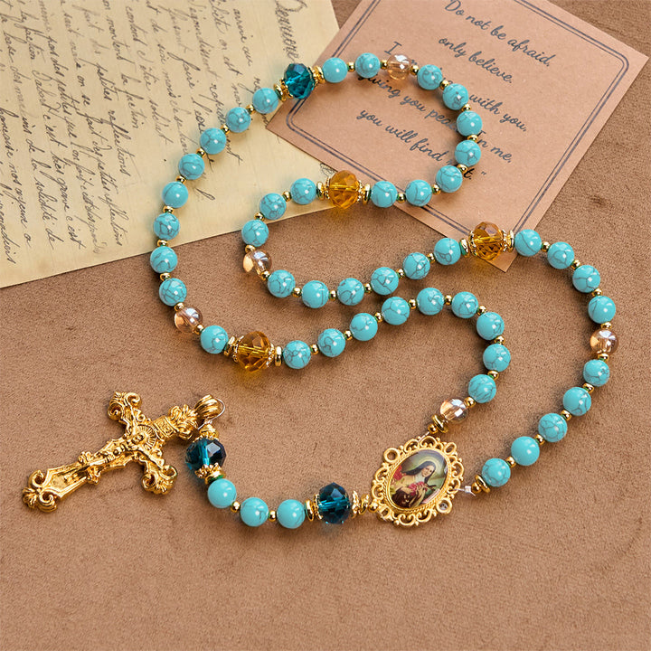 Christianartworkshop PRAYERFUL FAITH: Handcrafted Turquoise & Gold Alloy Rosary with Gift Card
