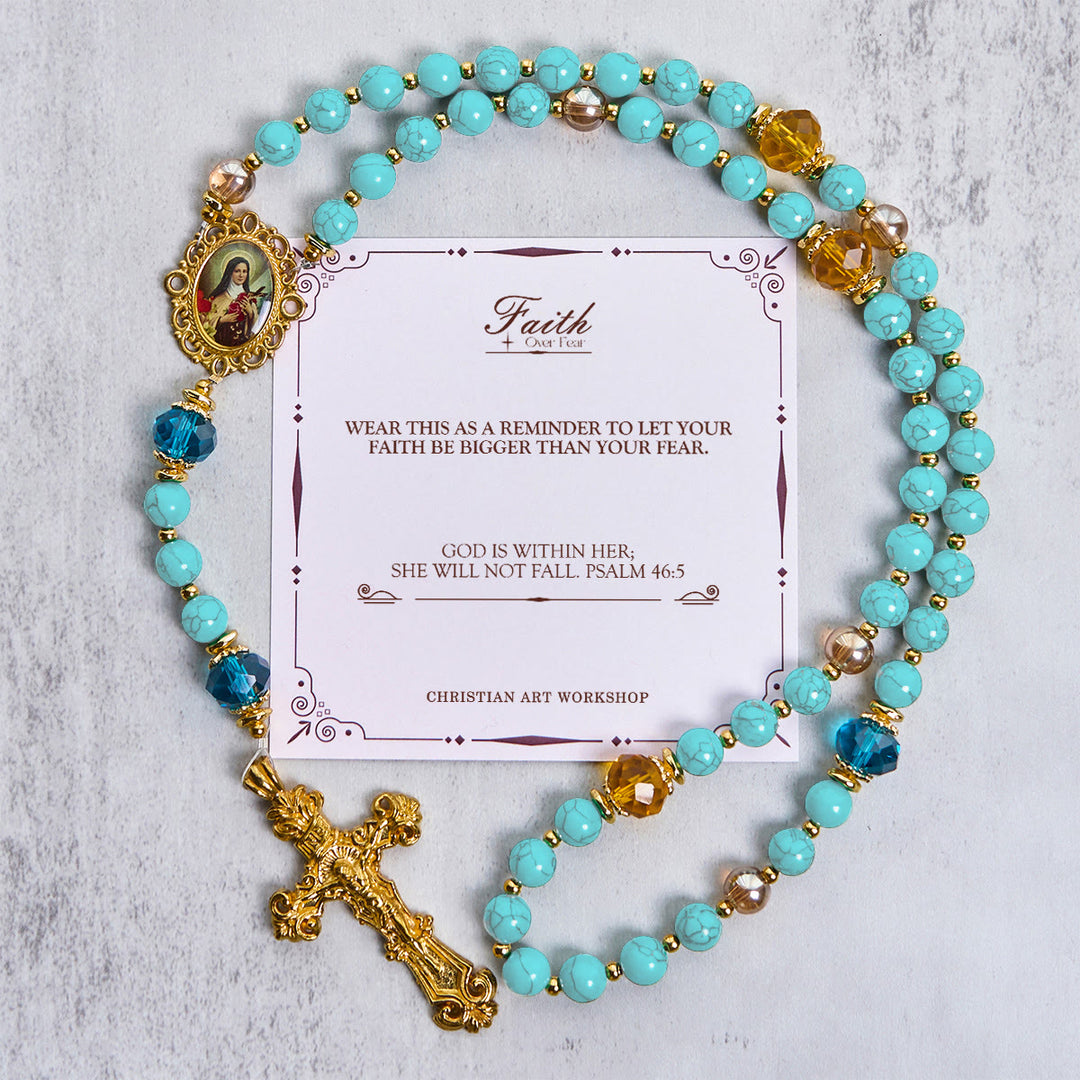 Christianartworkshop PRAYERFUL FAITH: Handcrafted Turquoise & Gold Alloy Rosary with Gift Card