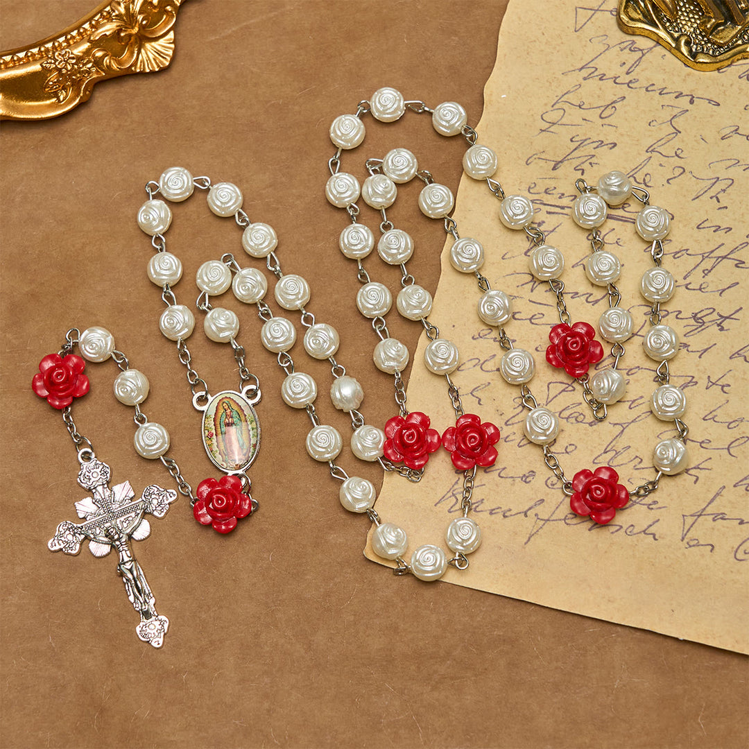 FREE Today: Graceful White and Red Rose Beads Rosary with Blessing Crucifix & Our Lady - image 3
