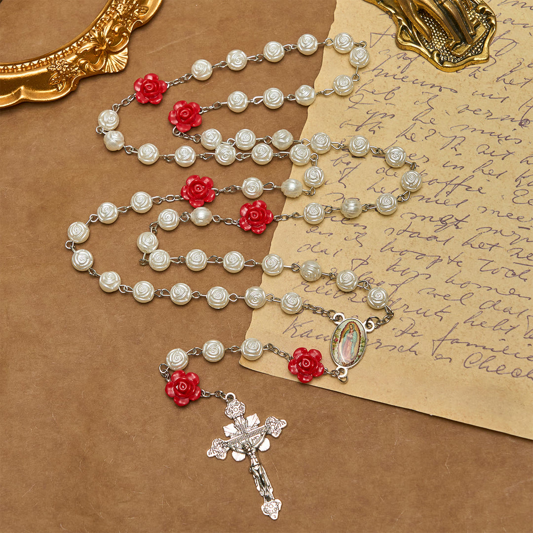 Christianartworkshop Graceful White and Red Rose Beads Rosary with Blessing Crucifix & Our Lady - Rose - image 1