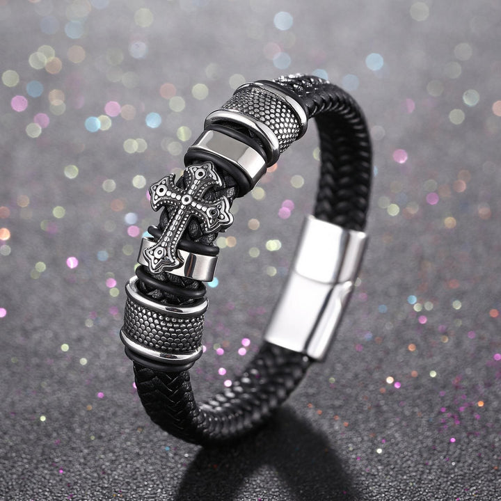 FREE Today: Classic Two-Tone Holy Cross Leather Bracelet with Braided Design - Silver - image 0