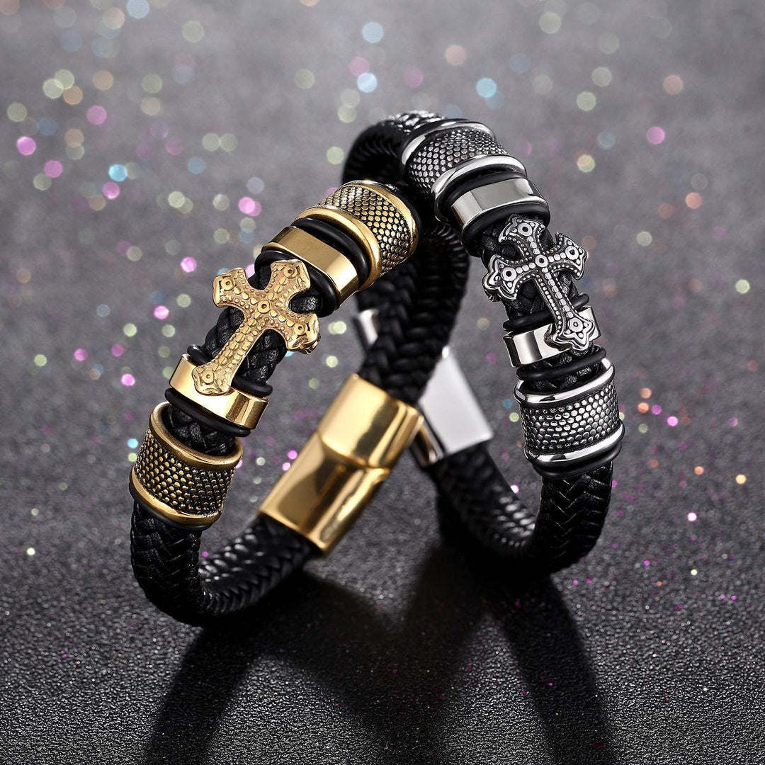 FREE Today: Classic Two-Tone Holy Cross Leather Bracelet with Braided Design - image 4