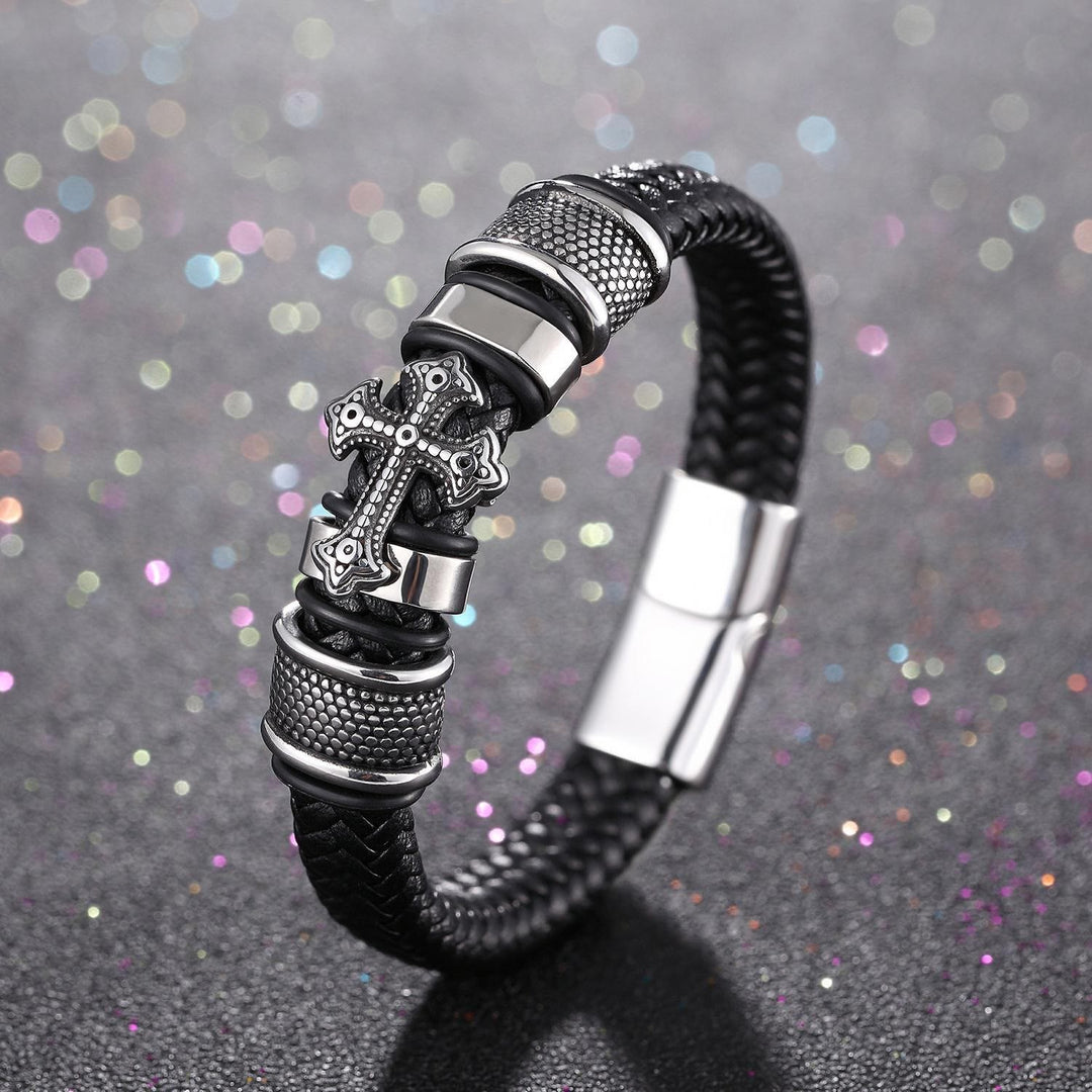 FREE Today: Classic Two-Tone Holy Cross Leather Bracelet with Braided Design - Silver - image 1