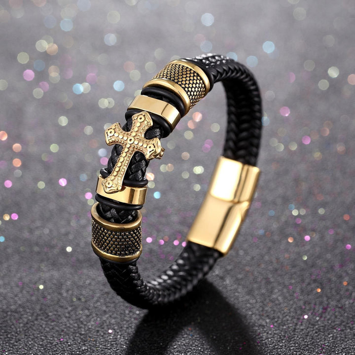 FREE Today: Classic Two-Tone Holy Cross Leather Bracelet with Braided Design - Golden - image 3