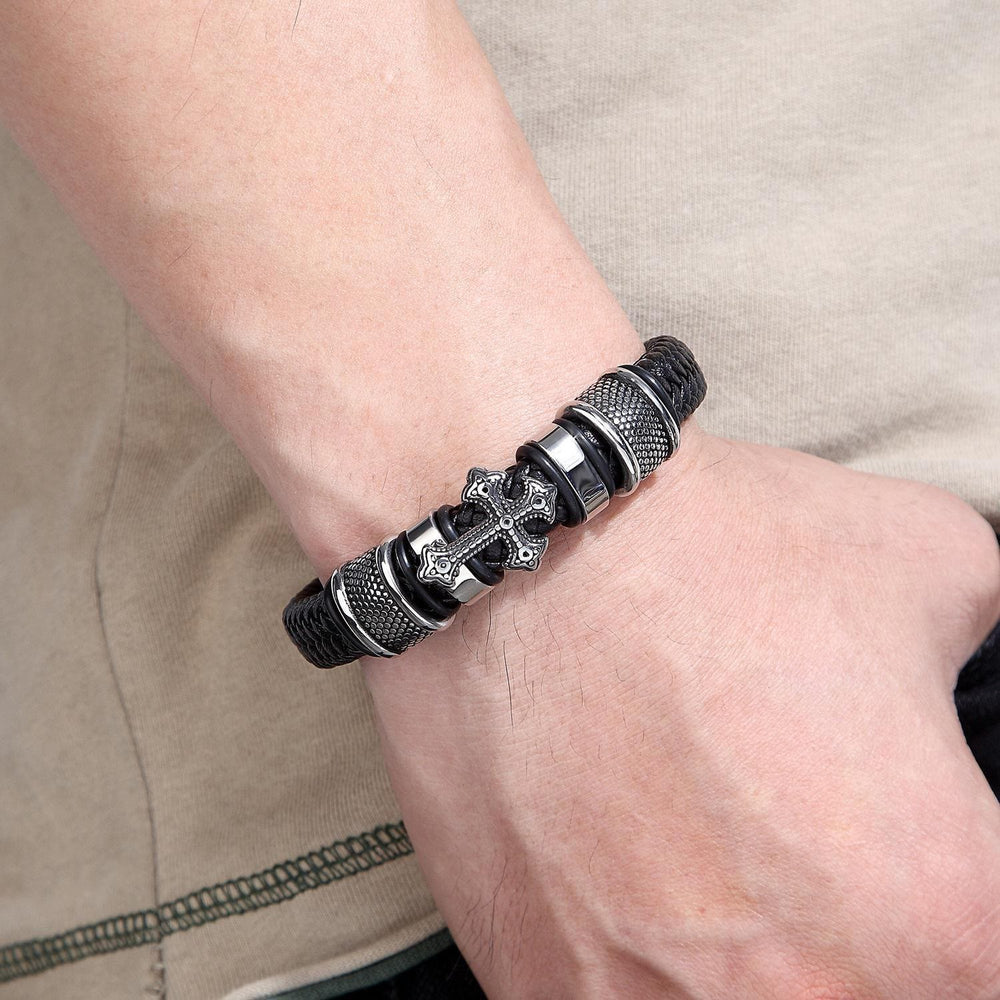 FREE Today: Classic Two-Tone Holy Cross Leather Bracelet with Braided Design - image 2