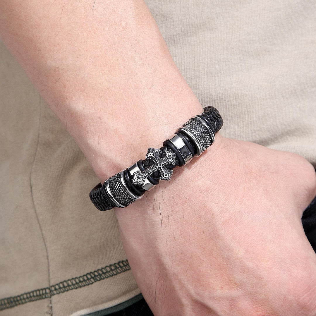 FREE Today: Classic Two-Tone Holy Cross Leather Bracelet with Braided Design - image 2