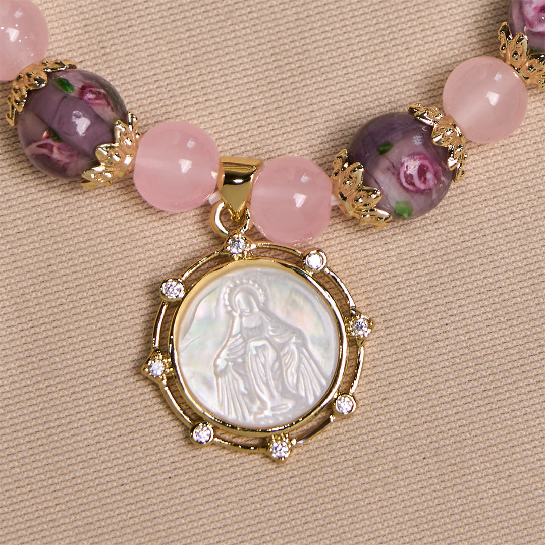Christianartworkshop Handmade Rose Quartz Faith Crystal Bracelet with Narce Cameo of Virgin Mary - image 5