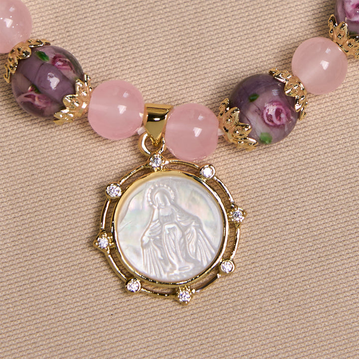 Christianartworkshop Handmade Rose Quartz Faith Crystal Bracelet with Narce Cameo of Virgin Mary - image 5