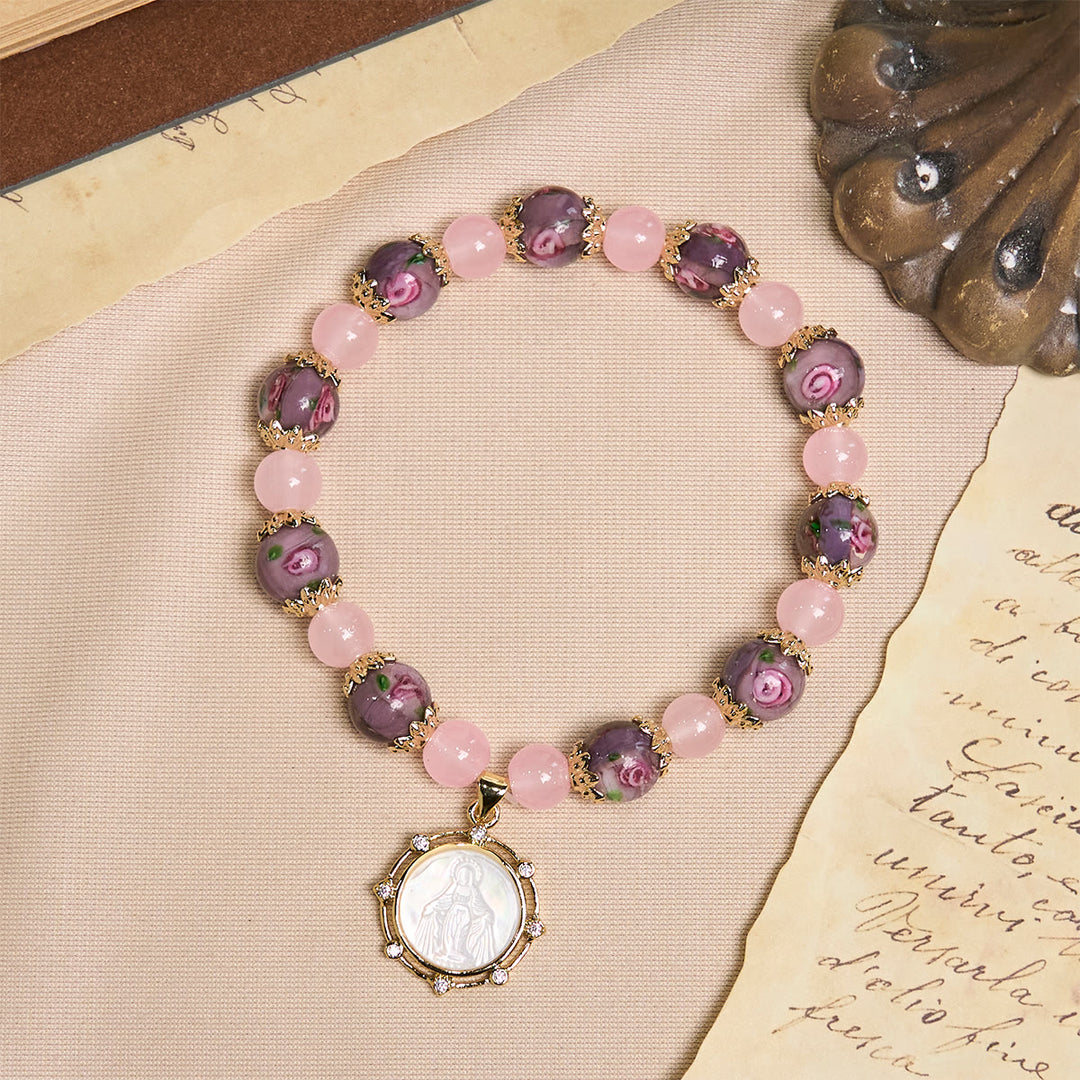 Christianartworkshop Handmade Rose Quartz Faith Crystal Bracelet with Narce Cameo of Virgin Mary - image 3