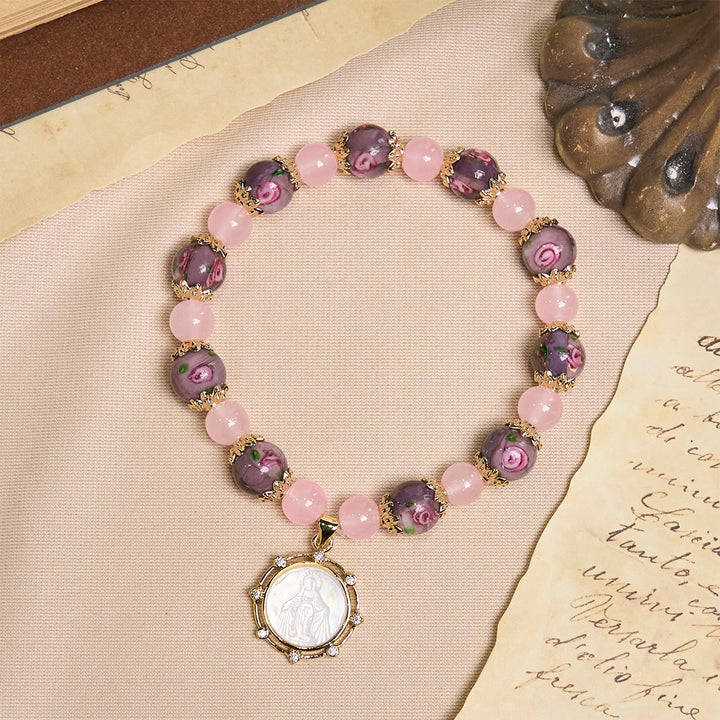 Christianartworkshop Handmade Rose Quartz Faith Crystal Bracelet with Narce Cameo of Virgin Mary - image 3