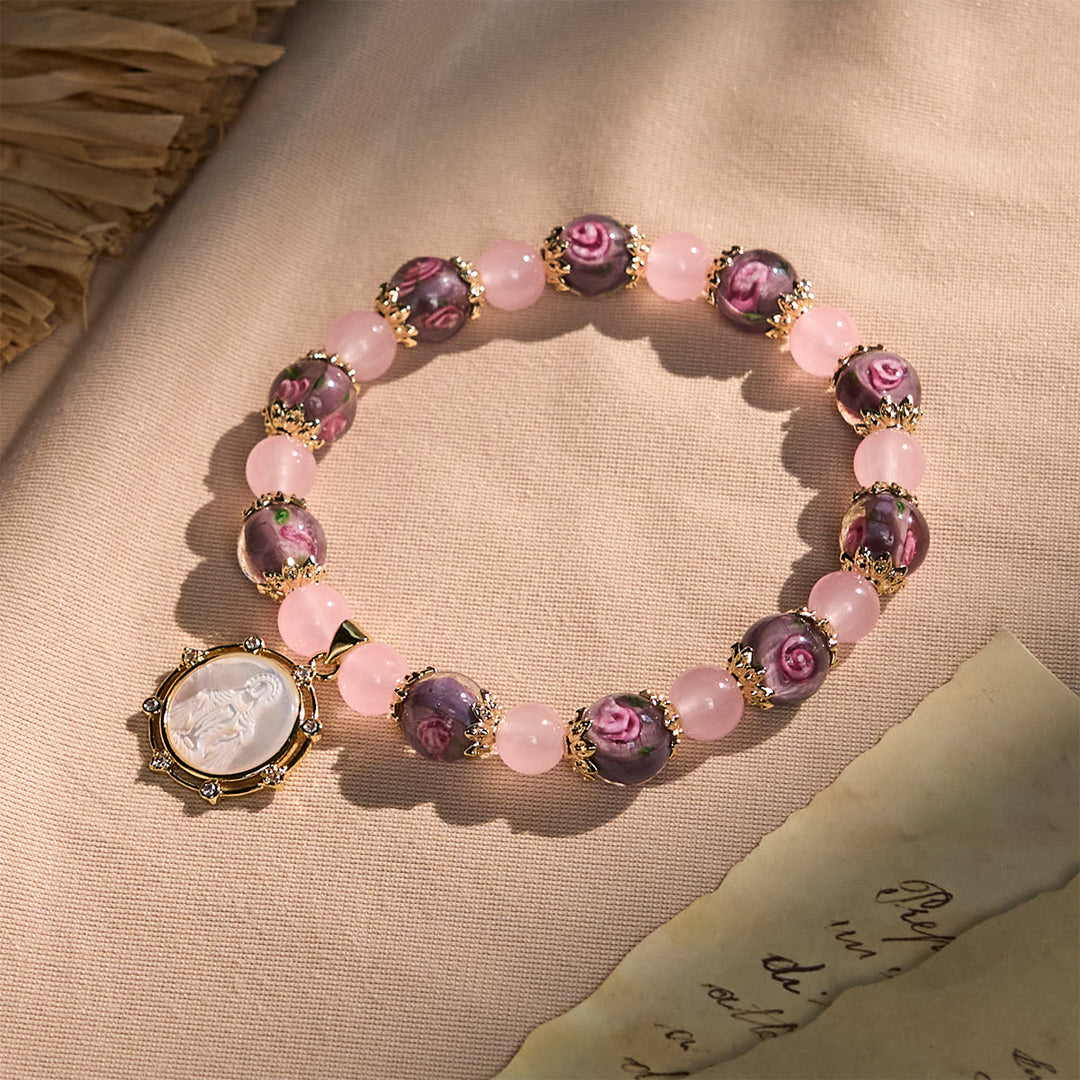 Christianartworkshop Handmade Rose Quartz Faith Crystal Bracelet with Narce Cameo of Virgin Mary - Rose Quartz - image 1