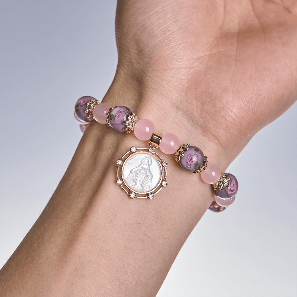 Christianartworkshop Handmade Rose Quartz Faith Crystal Bracelet with Narce Cameo of Virgin Mary - image 2