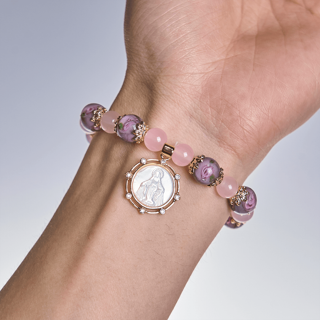 Christianartworkshop Handmade Rose Quartz Faith Crystal Bracelet with Narce Cameo of Virgin Mary - image 2