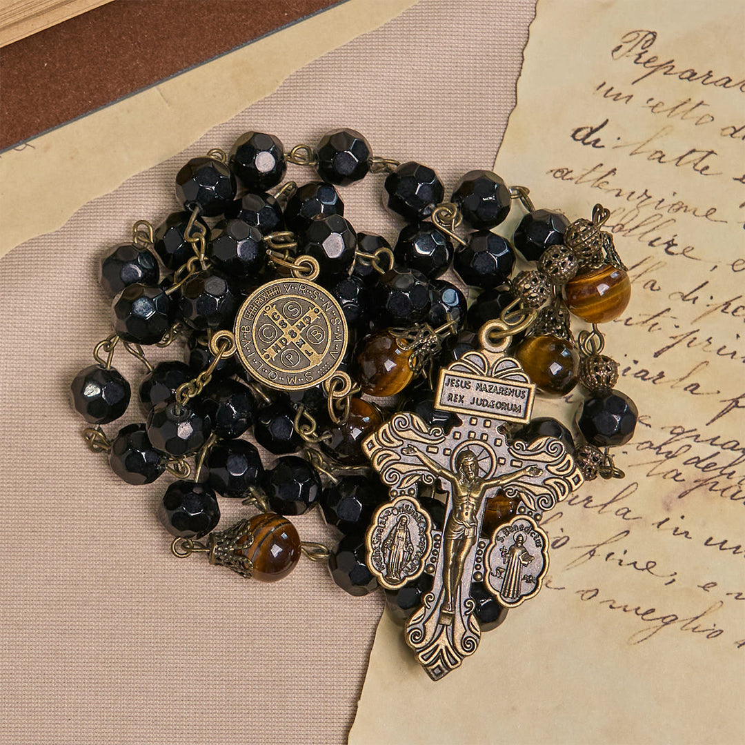 FREE Today: Vintage Obsidian Tiger Eye Beads Rosary with Pardon Crucifix & St. Benedict - Crucifix & St. Benedict - image 1