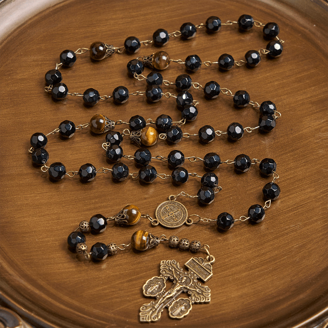 FREE Today: Vintage Obsidian Tiger Eye Beads Rosary with Pardon Crucifix & St. Benedict - image 6
