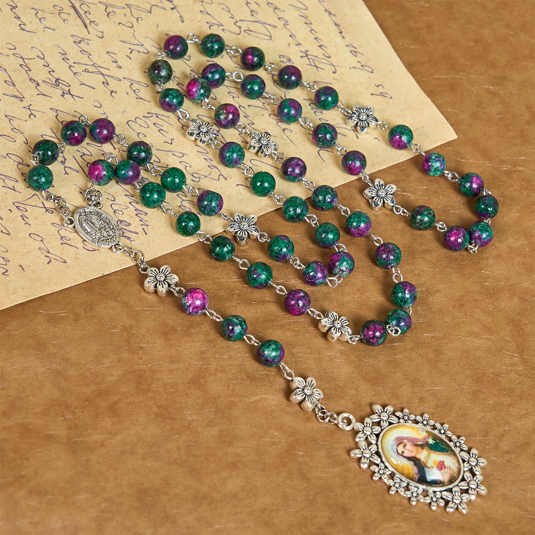 Christianartworkshop Exquisite Green Beads 7 Sorrows Rosary with Floral Charm and Miraculous Medal - image 3