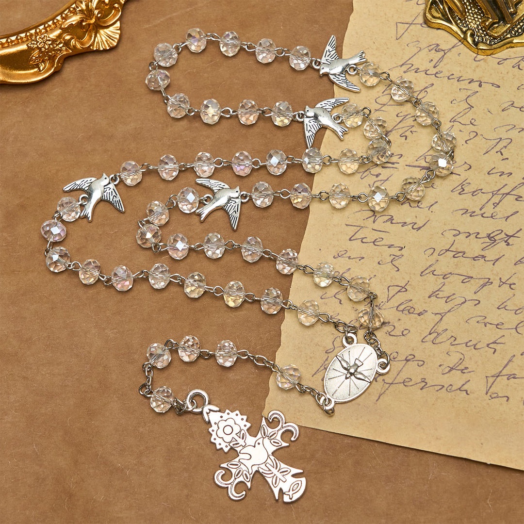 Christianartworkshop Clear Crystal Catholic Rosary with Holy Spirit Dove and Cross - Holy Spirit Dove - image 1