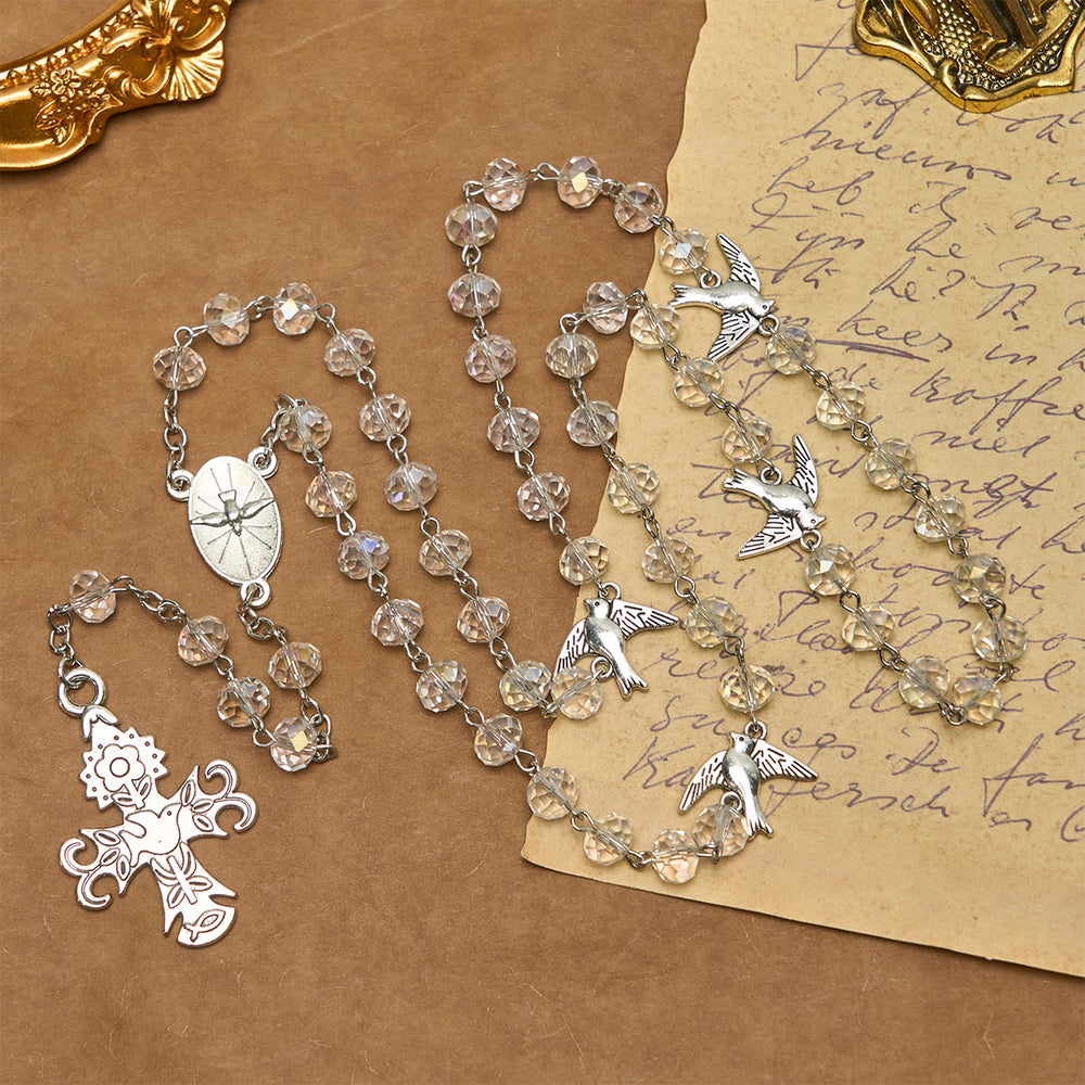 Christianartworkshop Clear Crystal Catholic Rosary with Holy Spirit Dove and Cross - image 2